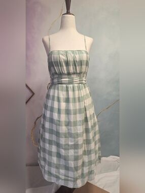 Vintage Y2k Roxy Babydoll Empire Waist Tie Back Strappy Plaid Green Dress S 5